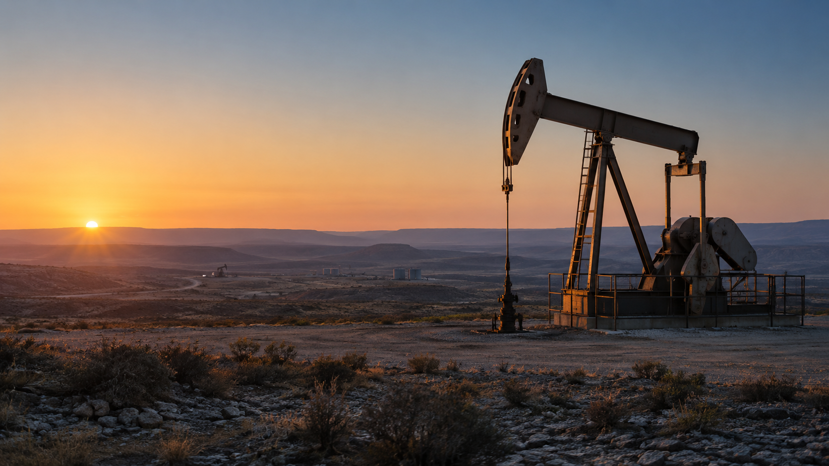 Oil pumpjack in a West Texas landscape at sunrise